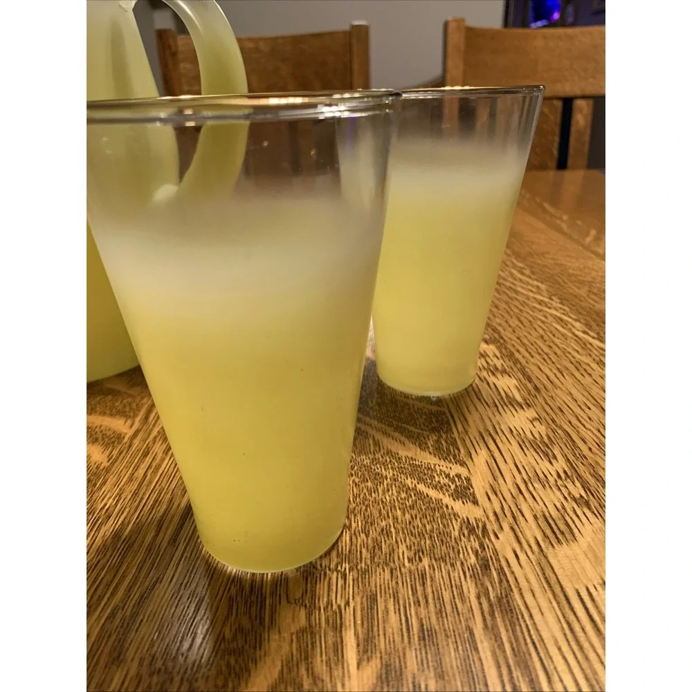 Vtg Lot Blendo Yellow Ombre Frosted Glass Set BIG Pitcher & 6 Tumblers MCM Decor